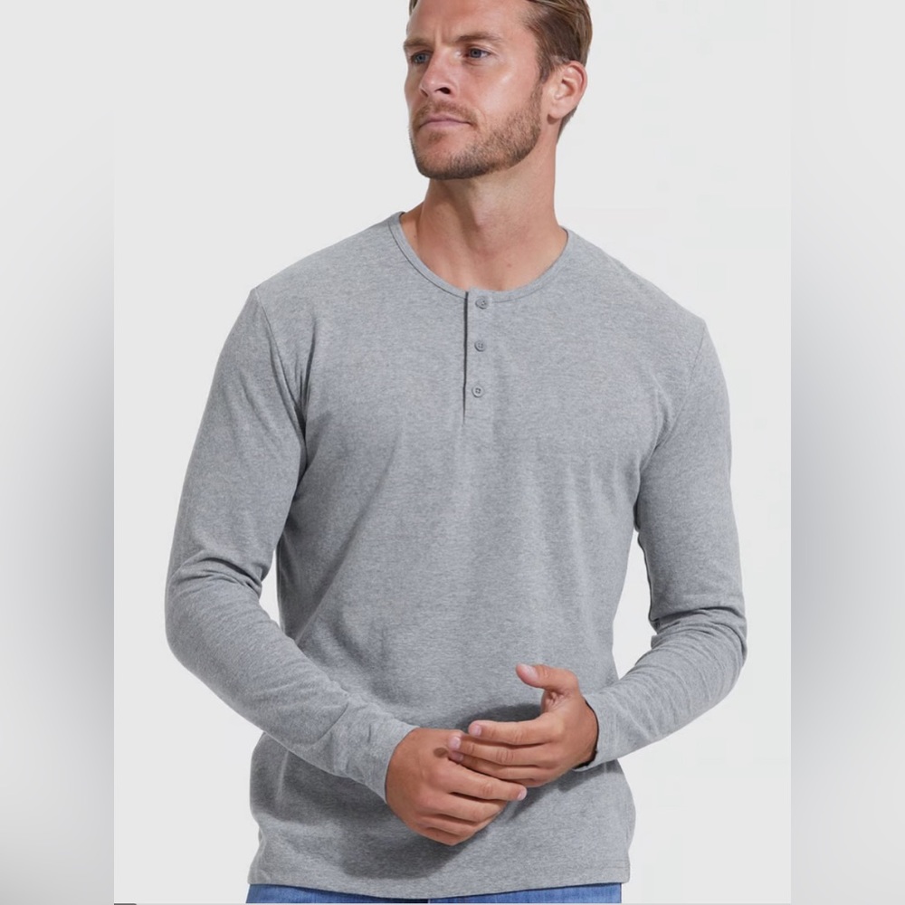 True Classic Heather Gray Long Sleeve Henley, Size L